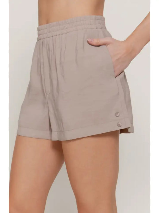 Fia Elastic Waist Side Button Detail Wash Effect Woven Shorts | Taupe