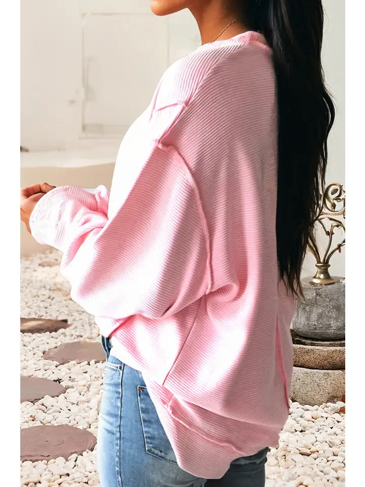 Horizontal Ribbed Exposed Seam Detail Top | Pink