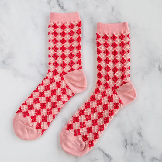Winter Check Pattern Socks | Pink/Red