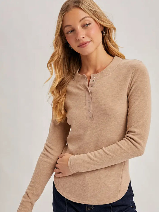 Haven Henley Snap Button Front Hem Knit Top | Latte