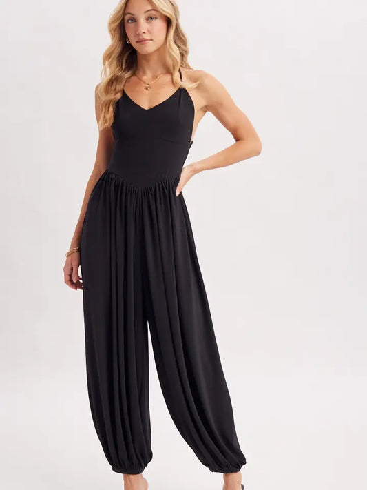 V-Neck Relaxed Flowy Legs Jumpsuit Criss-Cross Open Back | Black