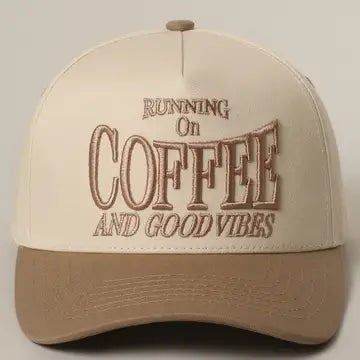 Running on Coffee 3D Letter Embroidered Two-Tone Trucker Hat | Beige