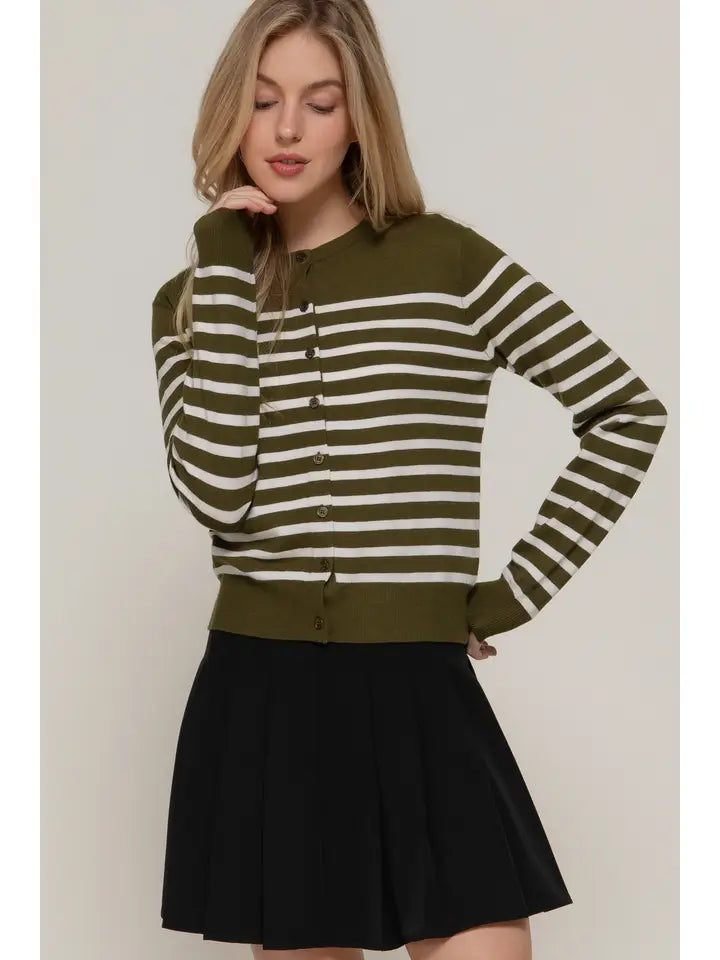 Liv Long Sleeve Crew Neck Stripe Sweater Cardigan | Olive/Cream