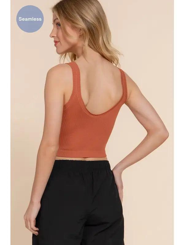 Double Scoop Neck Seamless Crop Tank Top | Terracotta