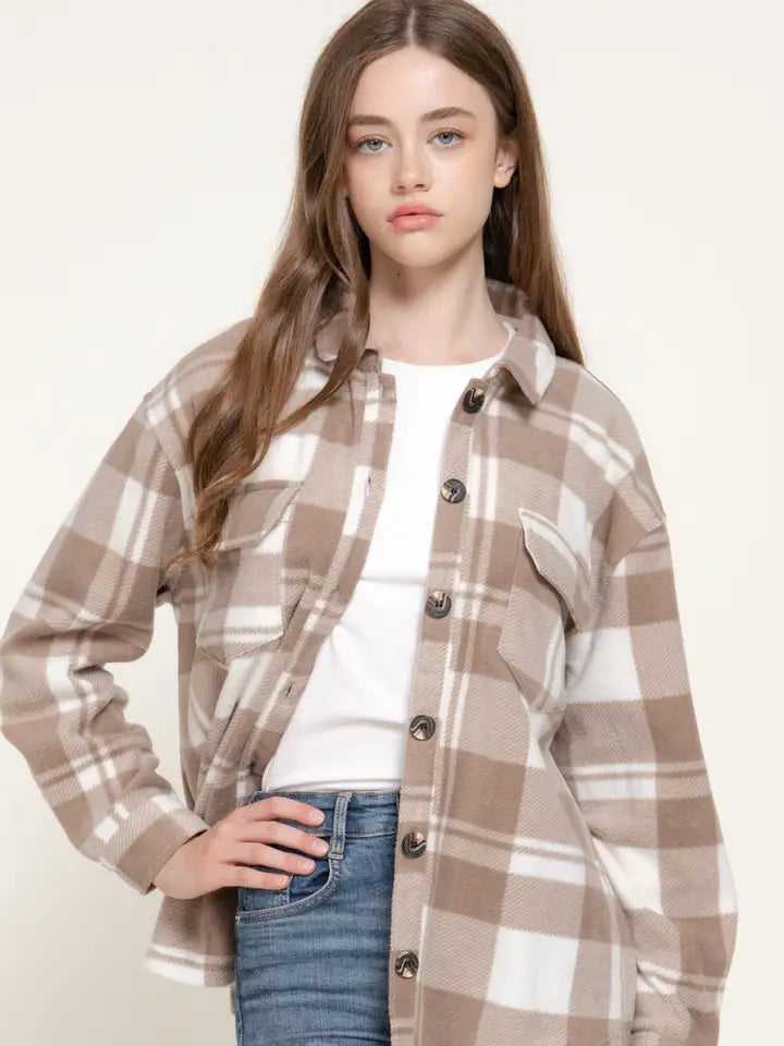 Hazel Long Sleeve Check Printed Fleece Shacket | Ivory