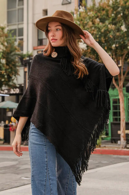 Leto Accessories Fringe Poncho | Black