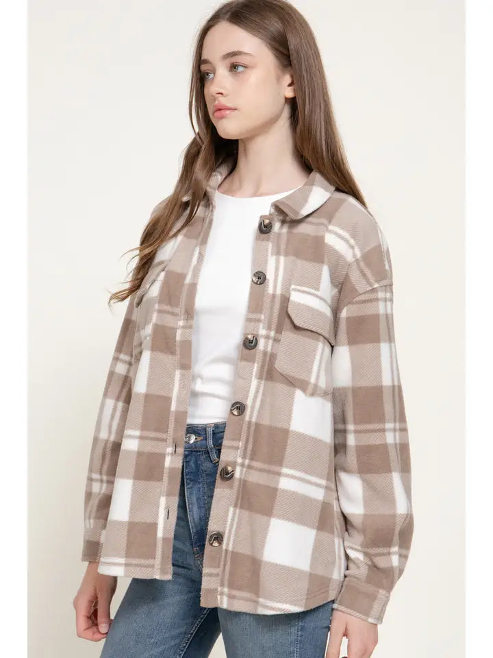 Hazel Long Sleeve Check Printed Fleece Shacket | Ivory