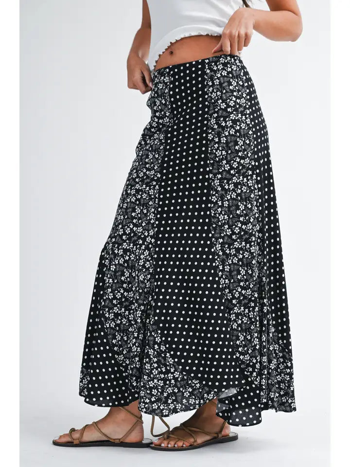 Polka Dot Floral Mix Maxi Skirt | Black