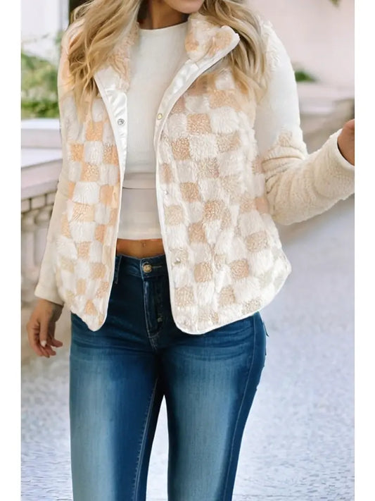 Lily Sherpa Checkerboard Snap Button Vest | Khaki