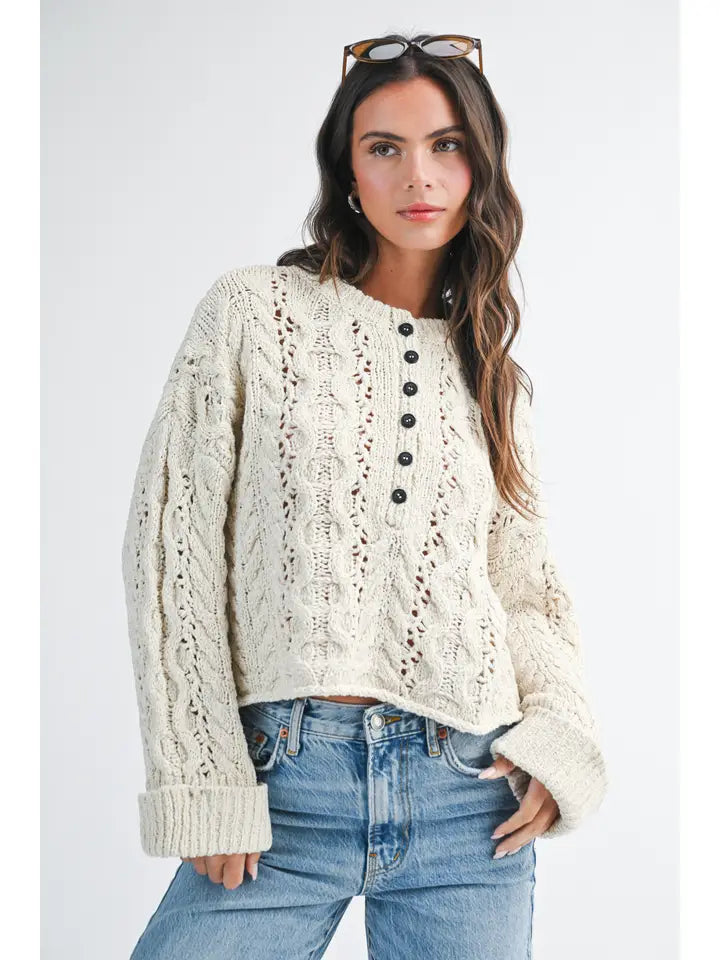 Aurea Textured Crop Henley Knit Sweater | Pearl
