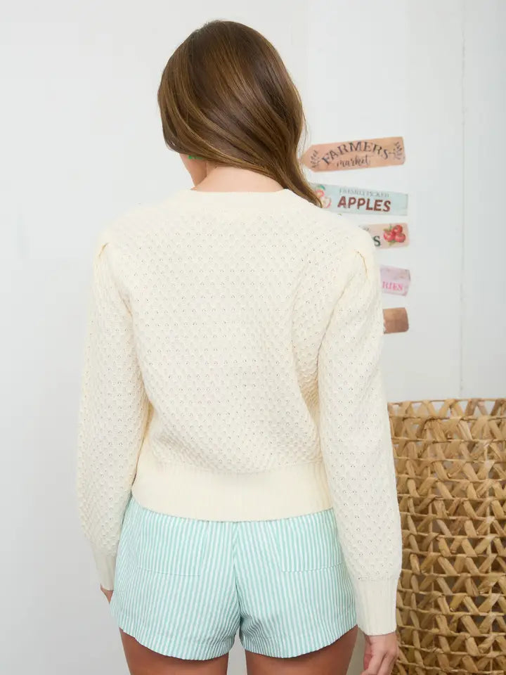 Crochet Cherry Detail Button Down Knit Cardigan | Cream