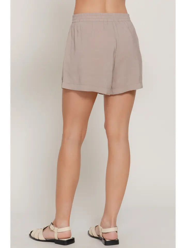 Fia Elastic Waist Side Button Detail Wash Effect Woven Shorts | Taupe