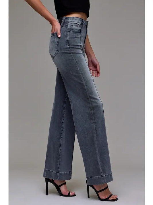 Pintuck High Rise Comfort Flare | Grey Wash