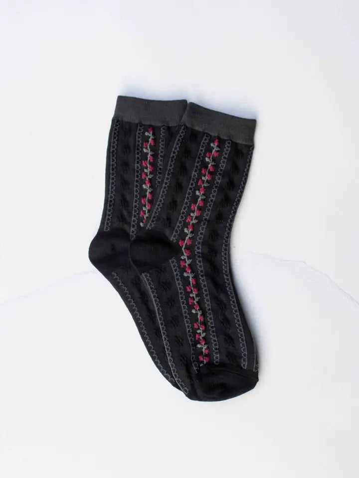 Vintage Stripe Floral Cotton Blend Socks | Black/Charcoal