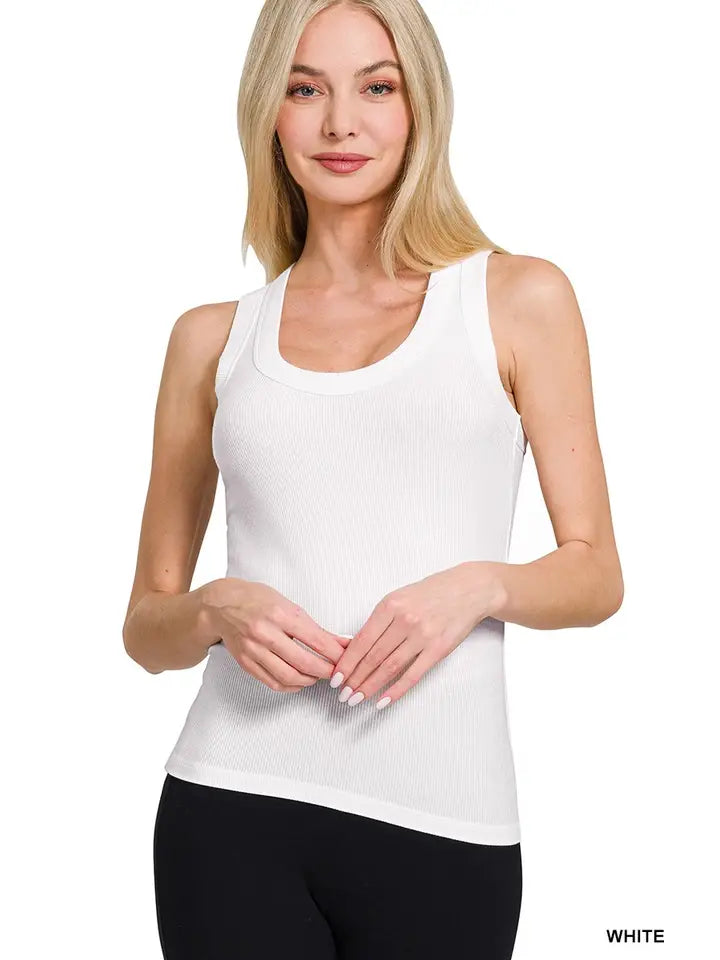 Ribbed Scoop Neck Tank Top | White