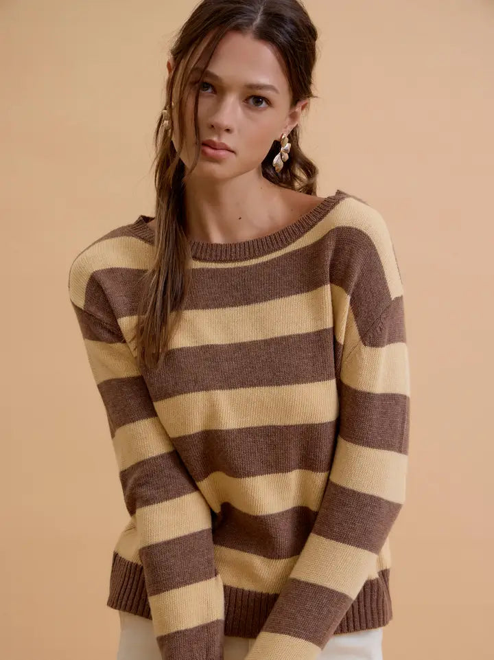 Mable Angora Blend Relaxed Fit Wide Striped Sweater | Mocha
