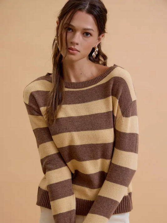 Mable Angora Blend Relaxed Fit Wide Striped Sweater | Mocha