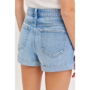 High Rise Denim Shorts with Cuff | Light Wash