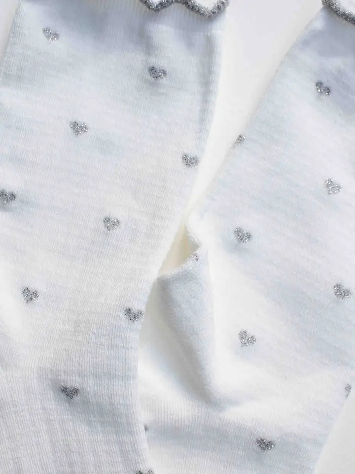 Mini Heart Ruffle Cotton Blend Socks | White/Silver