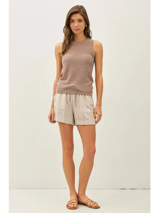 Round Neck Sleeveless Slub Knit Top | Mocha