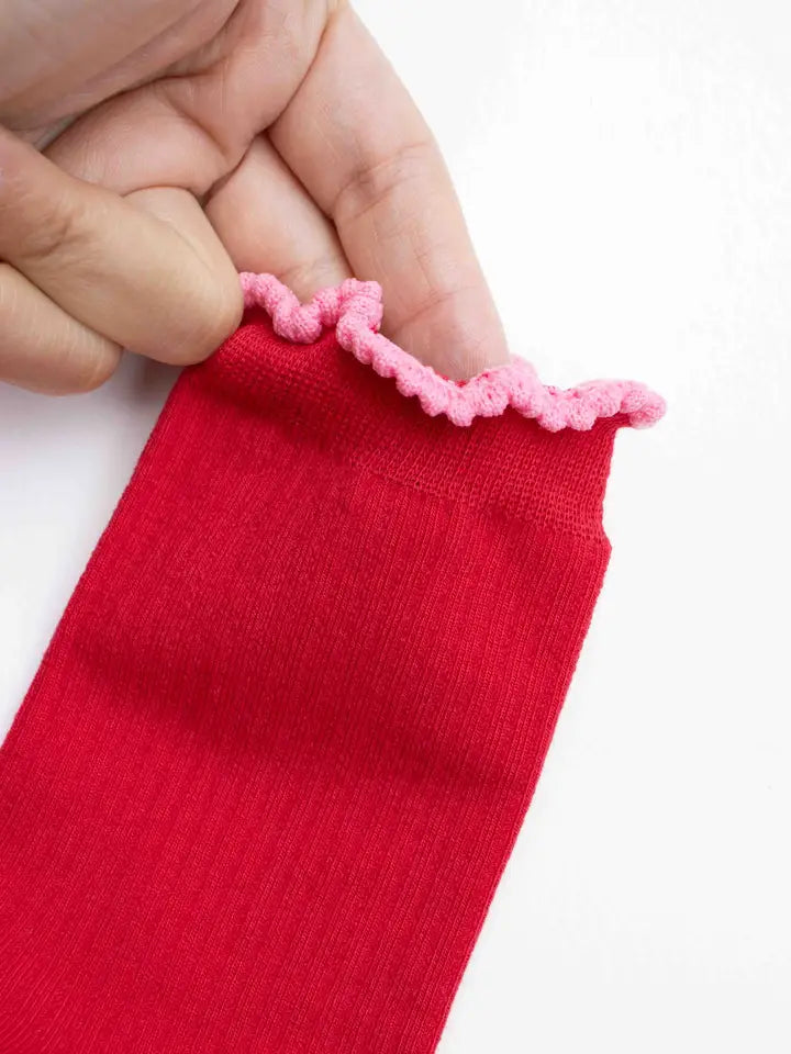 Ruffle Edge Cotton Blend Socks | Red/Pink