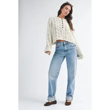Aurea Textured Crop Henley Knit Sweater | Pearl