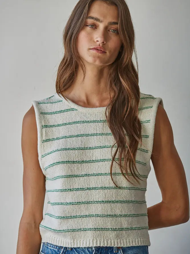 Bri Knit Striped Sweater Tank With Open Back Tie Straps | Cream/Green