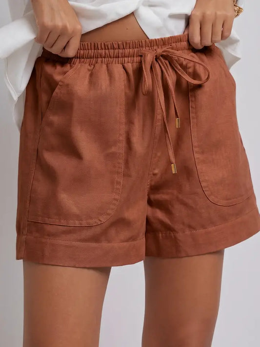 Linen Drawstring Relaxed Shorts | Brown