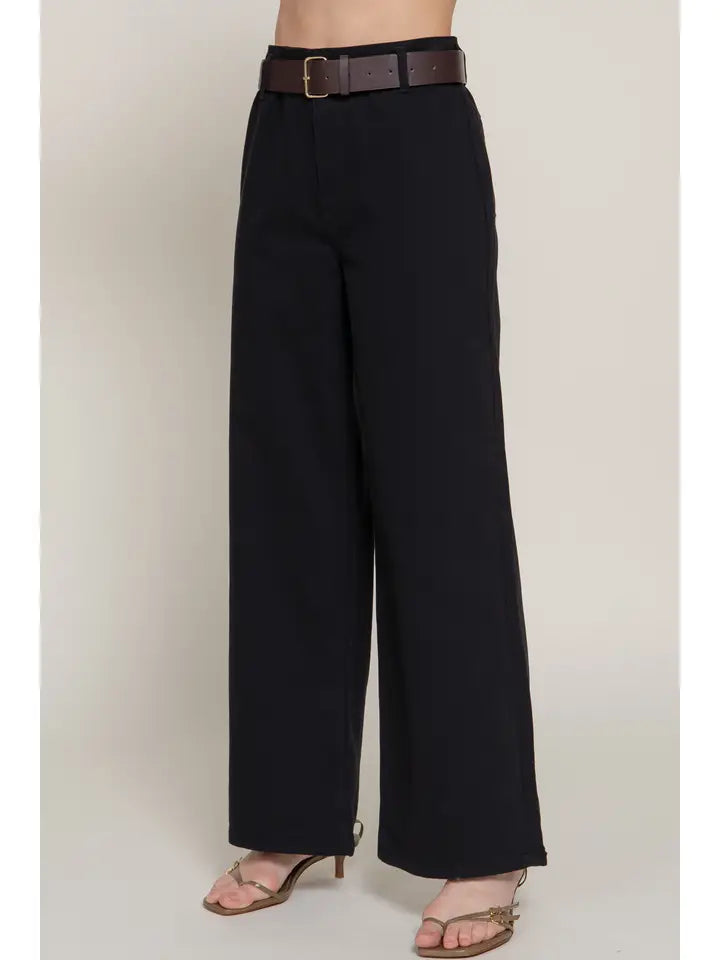 Belted Relaxed Leg Twill Stretch Pants | Black