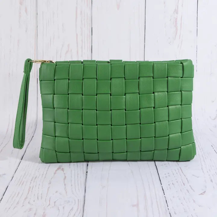 Woven Vegan Leather Wristlet Clutch Bag | Green