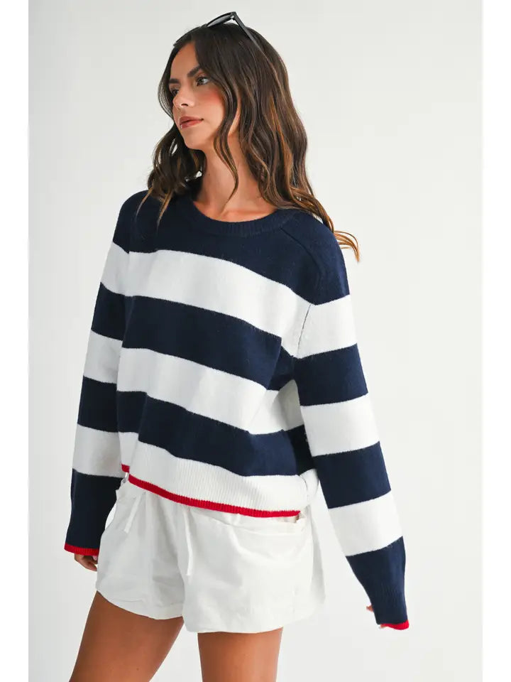 Lana Coastal Stripe Crewneck Sweater | Navy