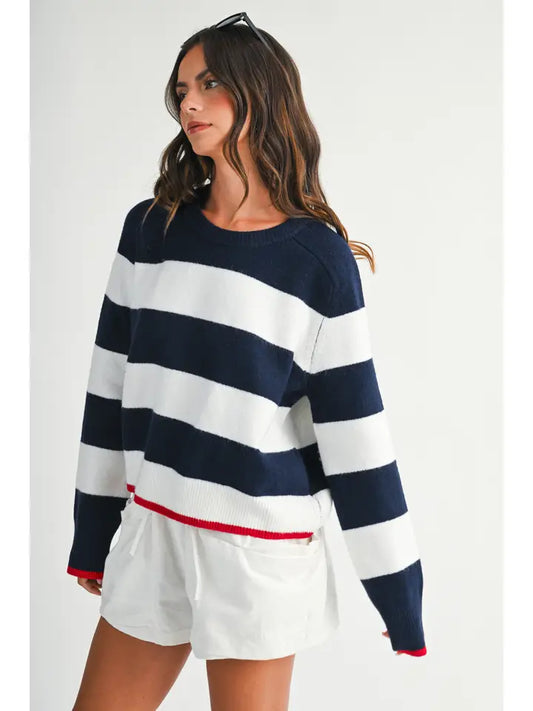 Lana Coastal Stripe Crewneck Sweater | Navy