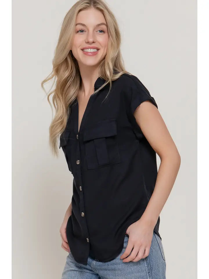 Dawn Dolman Short Sleeve Button Down Tencel Shirt | Black