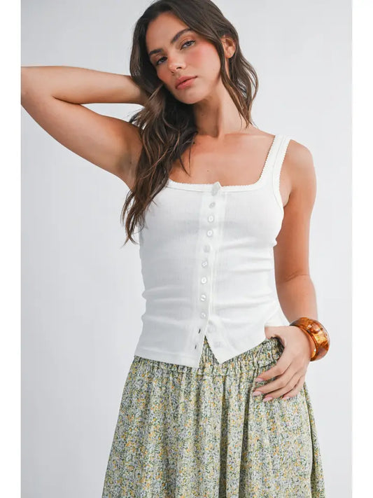 Pointelle Button Front Cami Tank | White