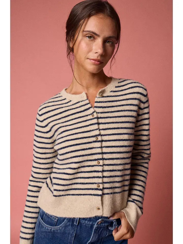 Shae Striped Button Front Cardigan | Taupe/Black