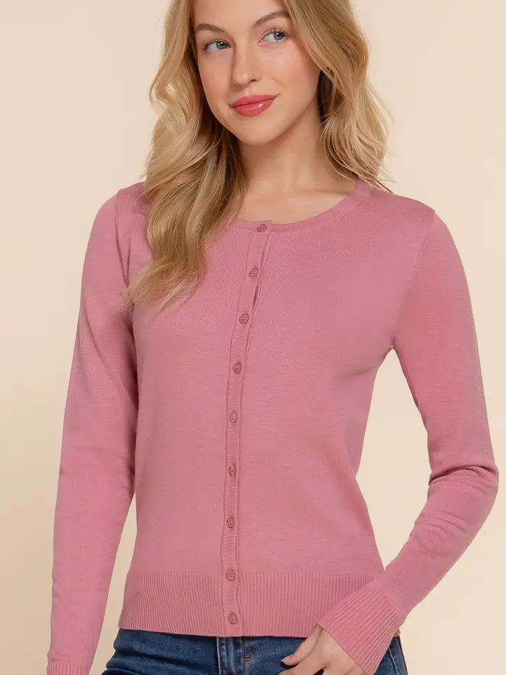 Round Neck Button Down Sweater Cardigan | Fondant Pink