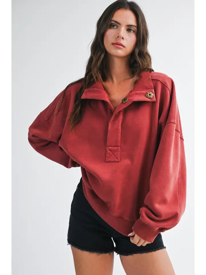 Orion Oversized Snap Neck Pullover Sweatshirt | Mulberry