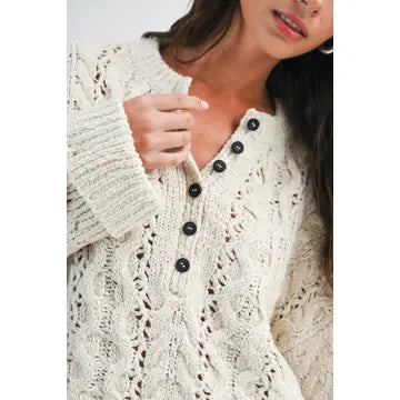 Aurea Textured Crop Henley Knit Sweater | Pearl