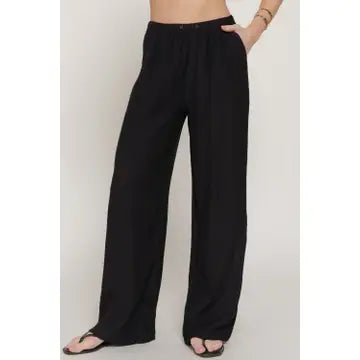 Cala Elastic Waistband Crinkle Woven Long Pants | Black