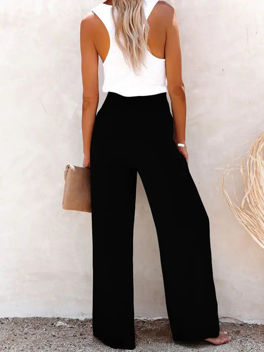 Laid Back Smocked Waist Loose Wide Leg Pants | Black