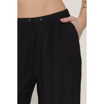 Cala Elastic Waistband Crinkle Woven Long Pants | Black