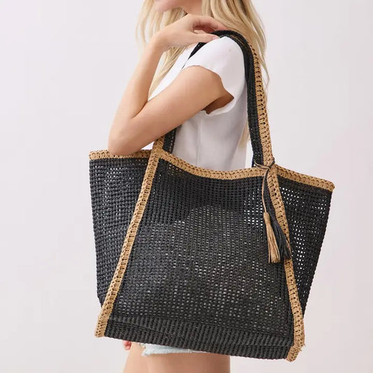 Two-Tone Woven Straw Tote Bag | Black