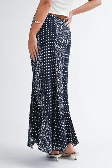 Polka Dot Floral Mix Maxi Skirt | Black