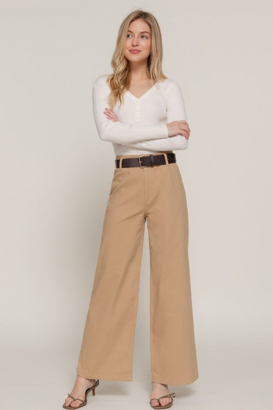 Belted Relaxed Leg Twill Stretch Pants | Khaki