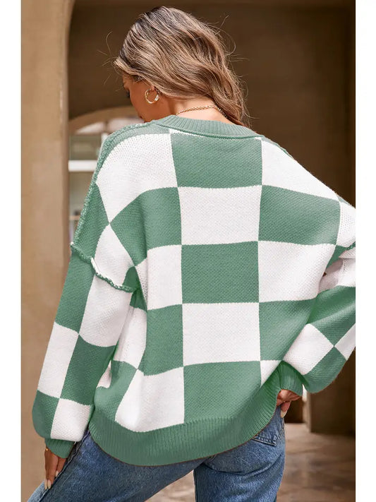 Bri Checkered Bishop Sleeve Sweater | Green