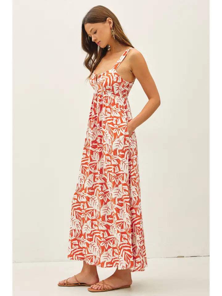 Tropical Print Cut Out Back Maxi Dress | Rust
