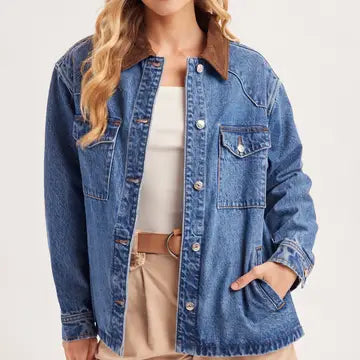 Oversize Denim Corduroy Collar Jacket | Med. Wash