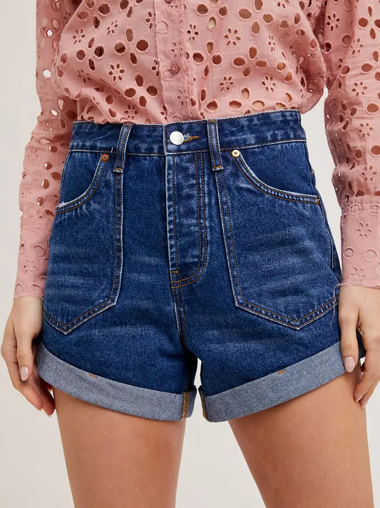 Western Pocket Rolled Hem Denim Shorts | Dark Wash