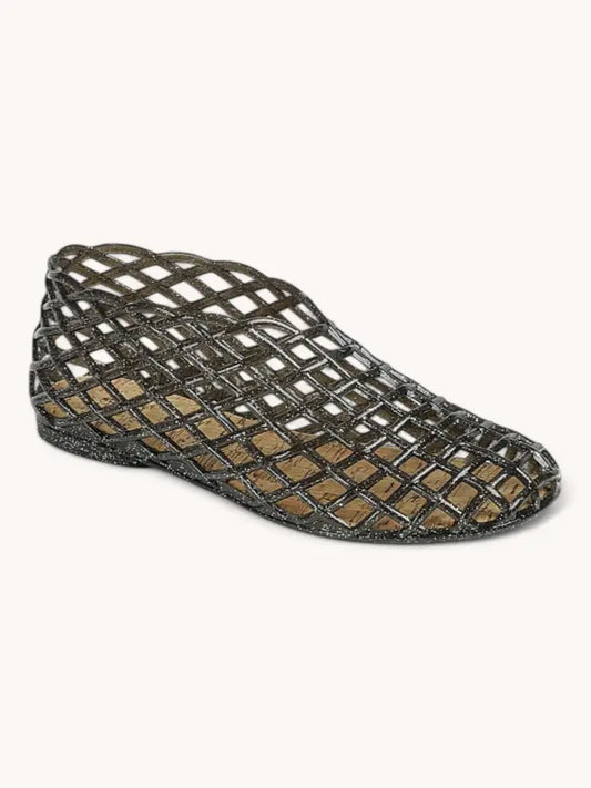 Jelly Woven Mesh Slip-On Flat Sandals | Glitter Black
