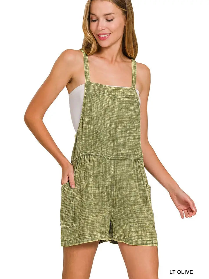 Washed Double Gauze Tie Back Rompers | Lt. Olive
